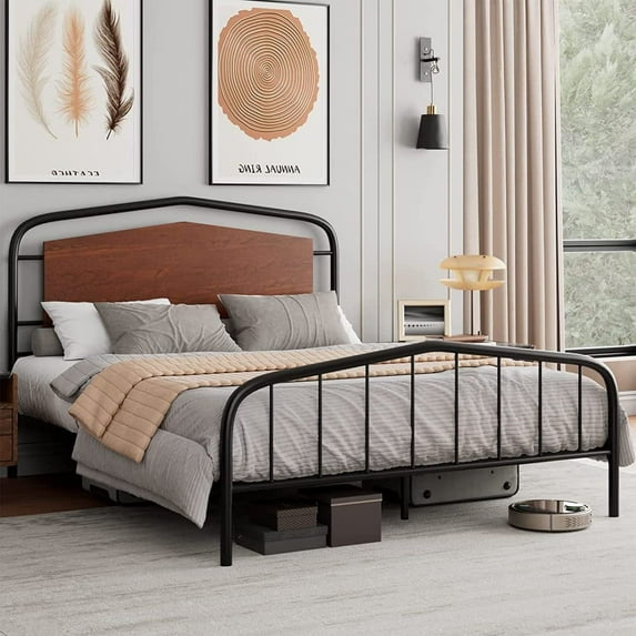 Full Bed FrameMetal Platform Bed Frame with Headboard and Footboard Noise Free No Box Spring Needed, Strong Steel Slats and Anti-Slip Support, Easy Assemble Brown Full