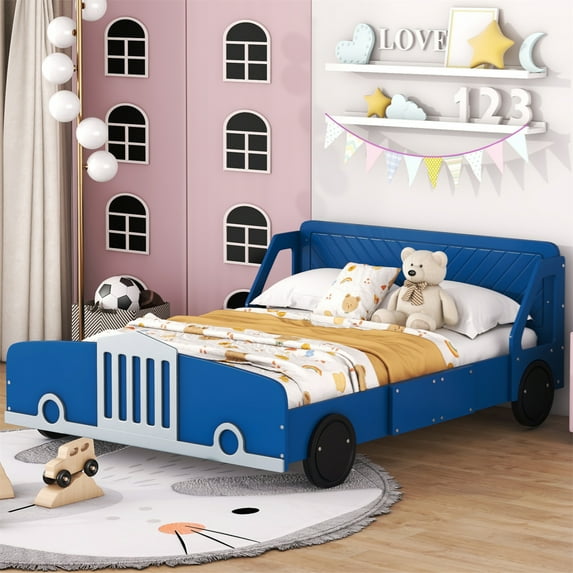 Full Bed Frames, Car Bed with Wheels and Decoration, Wooden Full Size Bed Frames, Car-shaped Platform Bed with Rails On Both Sides Beside Headboard for Adults Boys and Girls, Blue
