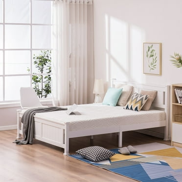 Full Bed Frames No Box Spring Needed, UHOMEPRO Solid Wood Platform Bed Frame with Headboard, Strong Wooden Slats, Easy Assembly, Full Bed Frames for Adults, White, Full