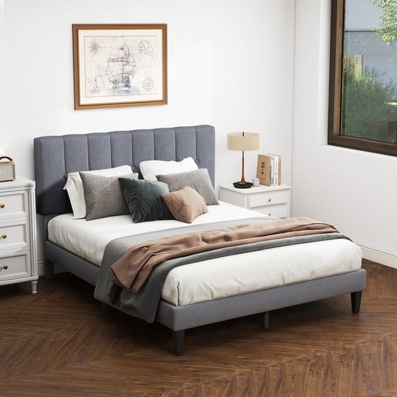 Full Bed Frames with Headboard, Upholstered Platform Bed with Wood Slats 800 lbs Support , Noise Free, No Box Spring Needed, Gray