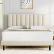 Full Bed HAIIDE, Full Platform Bed Frame with Upholstered Headboard, Beige