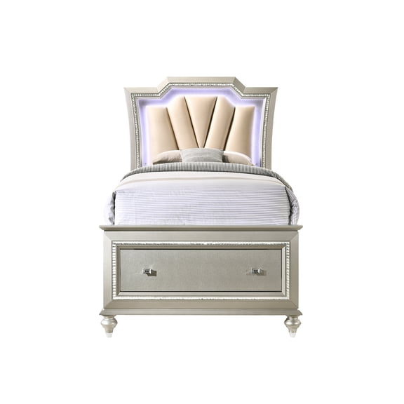 Full Bed In Champagne Leather - Led Lighting, Storage, Synthetic Contemporary With Champagne, & Practical Organizer