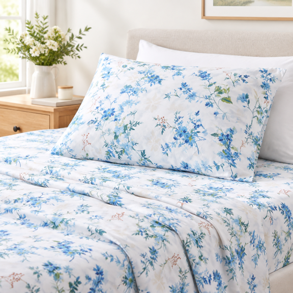 Full Bed Sheet Set, Blue Green Flower Pattern, Soft Breathable Microfiber With Deep Pocket Fitted Design