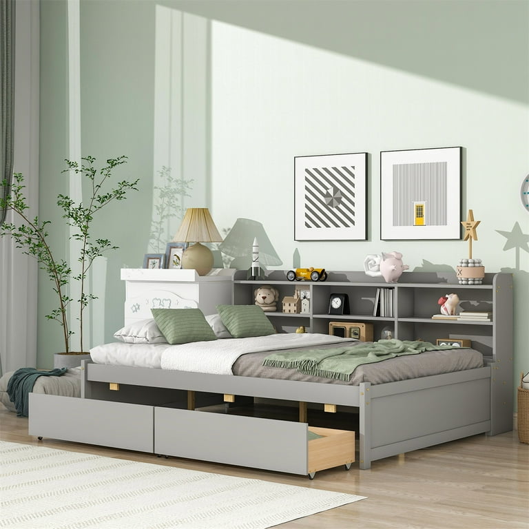 Full Bed with Side Bookcase Wood Platform Bed Frame with 2 Storage Drawers Space Saving Storage Bed Frame with Slats Support Childrens Bedroom