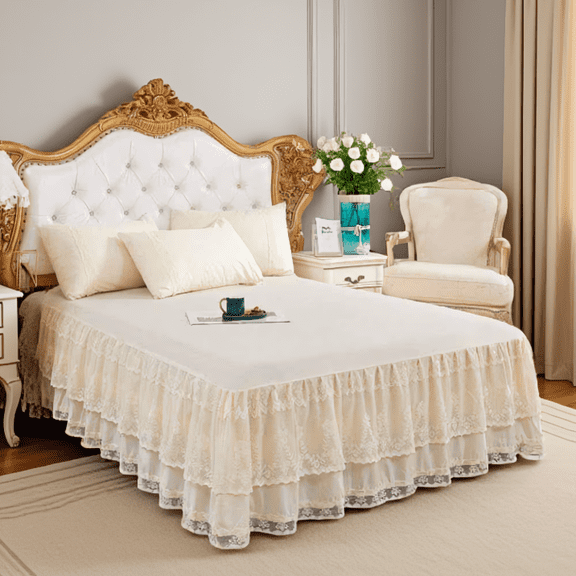 Full Bed Skirt, 17-Inch Drop Double Lace Ruffle, Wrap Around Elastic Fit, Wrinkle Resistant, Microfiber