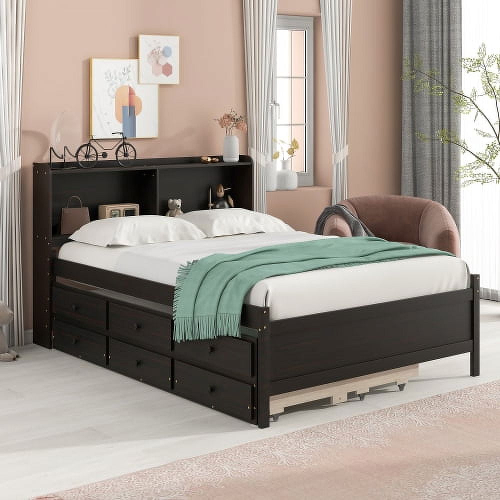 Solid Wood Full Bed with Underneath Storage Drawers, Trundle, & Built