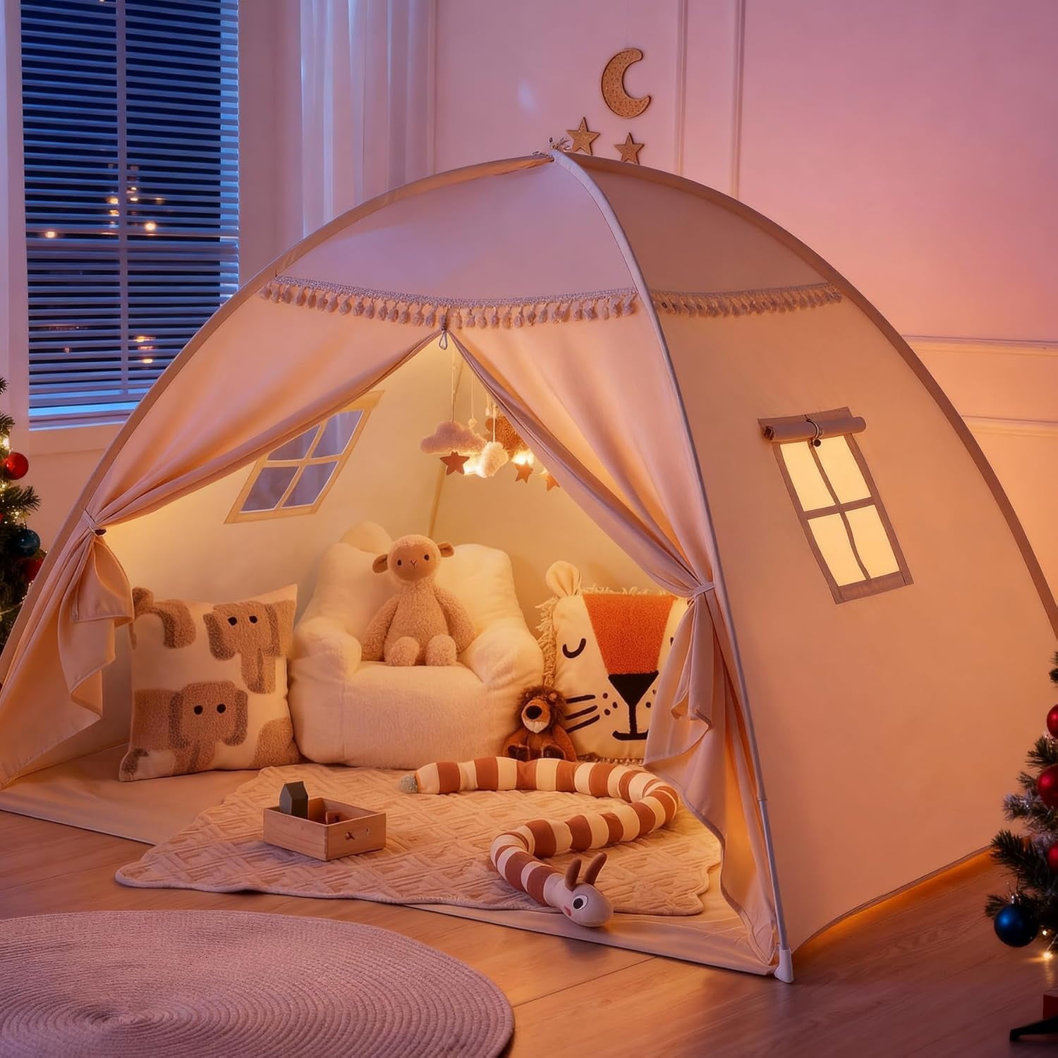 Full Bed Tent for Kids Indoor, Toddler Bed Canopy with Flags, Full Size Teepee Tents for Boys Girls Inside Bedroom (Full Size Golden Beige)