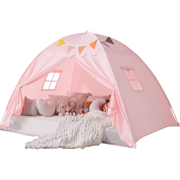 Full Bed Tent for Kids Indoor, Toddler Bed Canopy with Flags, Full Size Teepee Tents for Boys Girls Inside Bedroom (Pink)