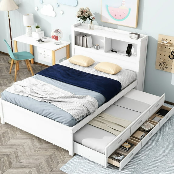 Full Bed With Trundle And Drawers, Charging, White Gorgeous Design Elegant Trundle, Relaxation