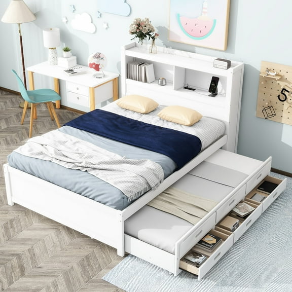 Full Bed With Trundle, Drawers, And Headboard Storage Utilization, White Size Ports Organization,