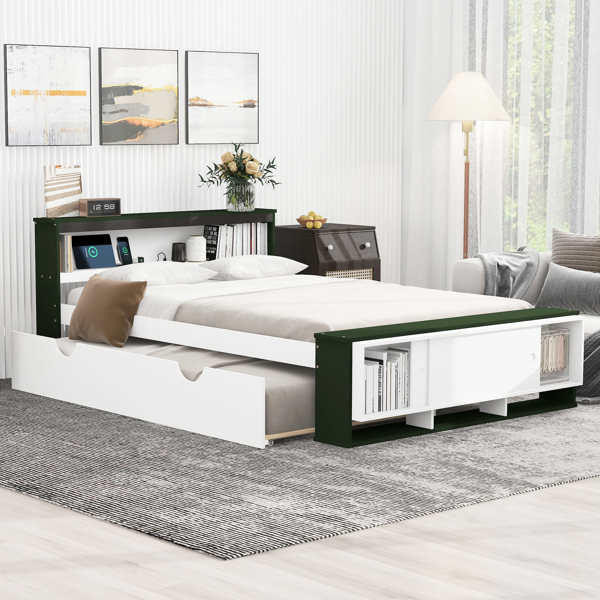 Full Bed With Trundle, Storage, Connector, White+ Platform Storage ...