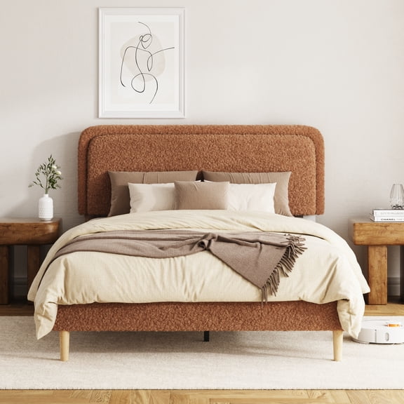 Full Bed frame, Plush Upholstered Platform Bed with Height-Adjustable Headboard, Sturdy Frame and Alats, Quiet Design, No-Spring Mattress Compatible, Easy to Assemble, Brown