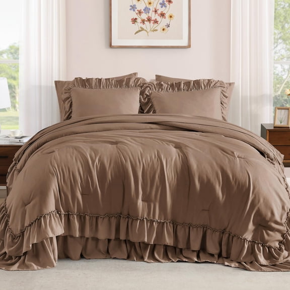Full Bed-in-a-Bag, Amber Brown, 7-Piece Ruffle Shabby Chic Bedding Set