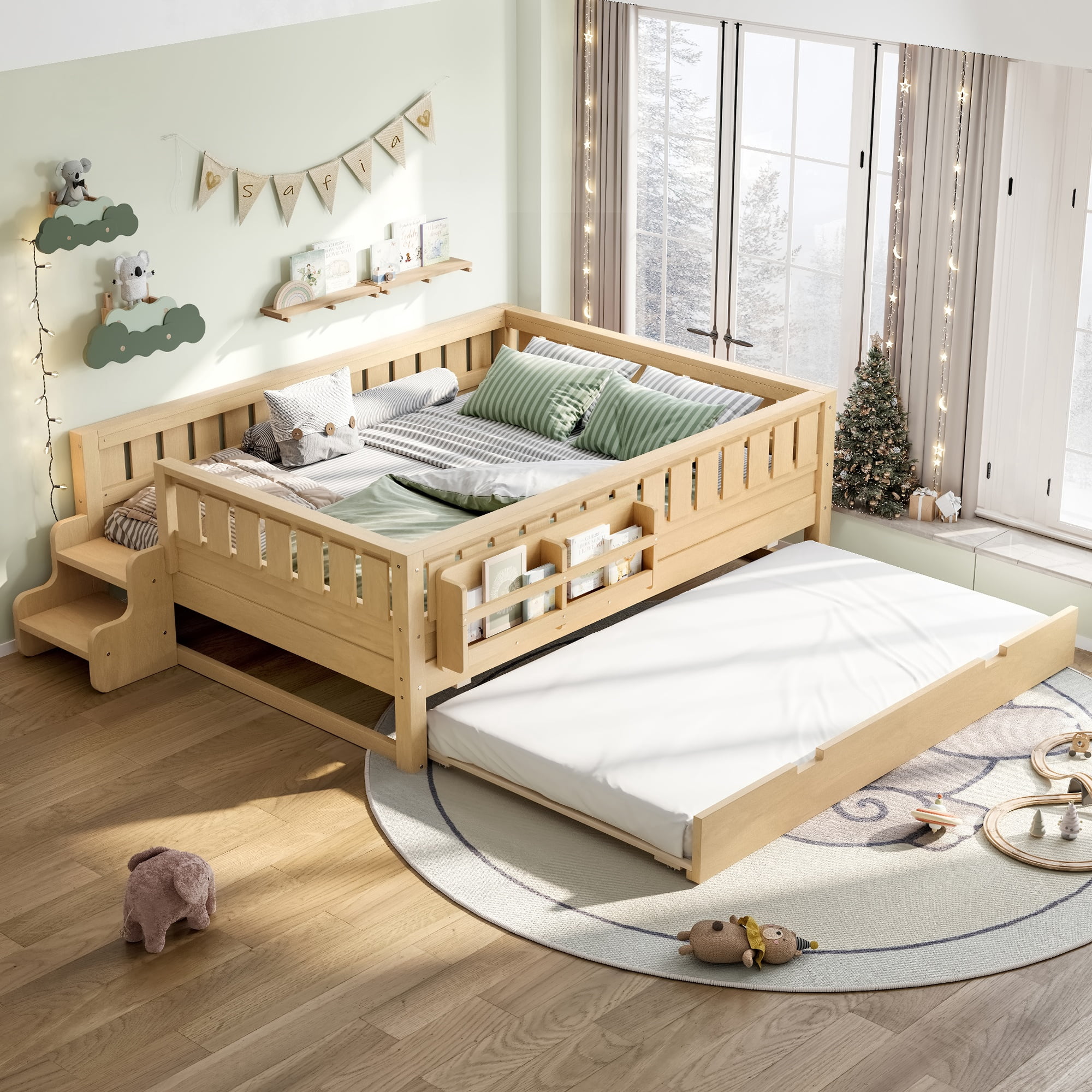 Full Bed with Bookshelf and Trundle 79.1 Inch, Solid Wood Frame with Staircase and Safety Rails, Space-Saving Kids Bed with Storage, Light Natural