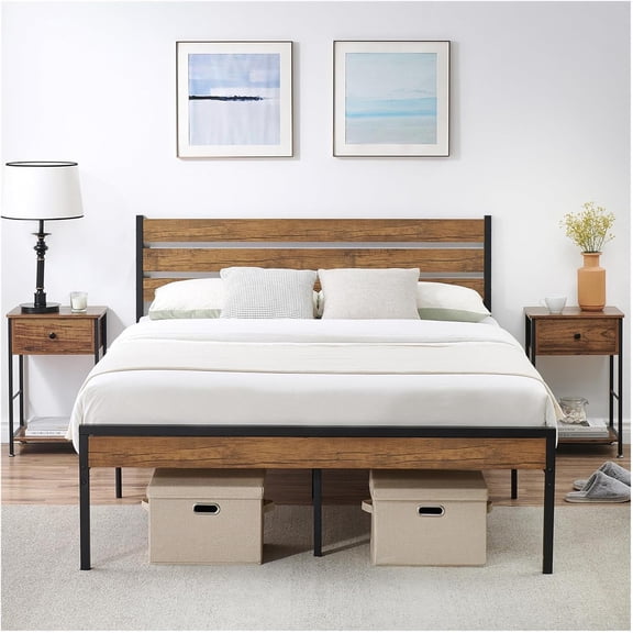Full Bed with Headboard and Footboard, with Under Bed Storage, Strong Wood Slats Support, No Box Spring Needed, Easy Assembly,Retro Brown