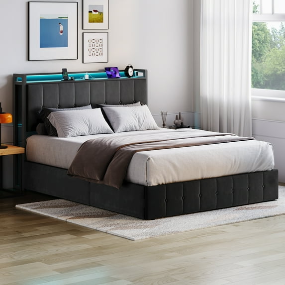 Full Bed with LED Lights and Lift-Up Storage, Velvet Upholstered Platform Frame Features Power Outlets & Hydraulic Base, No Box Spring, Black
