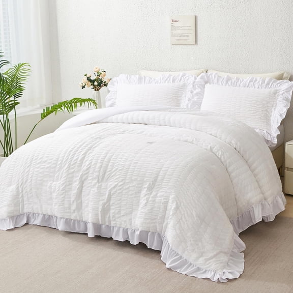Full Bedding Set White Ruffle Comforter Sets 5 Pieces Shabby Chic Seersucker Bed Set Soft Fluffy Ruffled Bed in A Bag with Sheets All Seasons(White, Full)