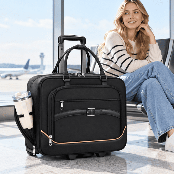 Full Black Large 17.3 Inch Rolling Laptop Briefcase for Travel Work and Teacher Use