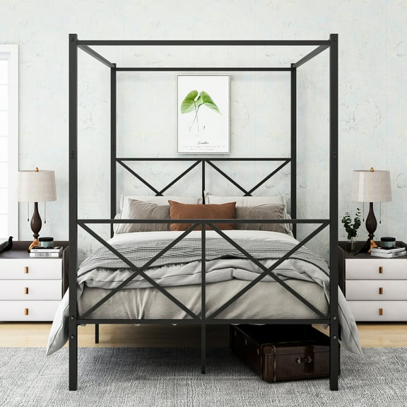 Full Black Metal Platform Bed With Canopy Frame. Strong & Reliable Structure. Quiet Sleeping Area. Generous Under Storage. Easy Assembly At Home. 12 . Carries 400 - 600lbs