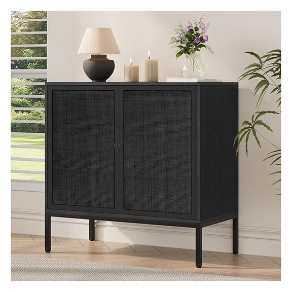 Full Black Rattan Cabinet, Farmhouse Sideboard Cabinet with Natural Rattan Decorated Doors, Accent Cane Credenza Buffet Console Storage, for Living Room Entryway Kitchen, Metal Legs