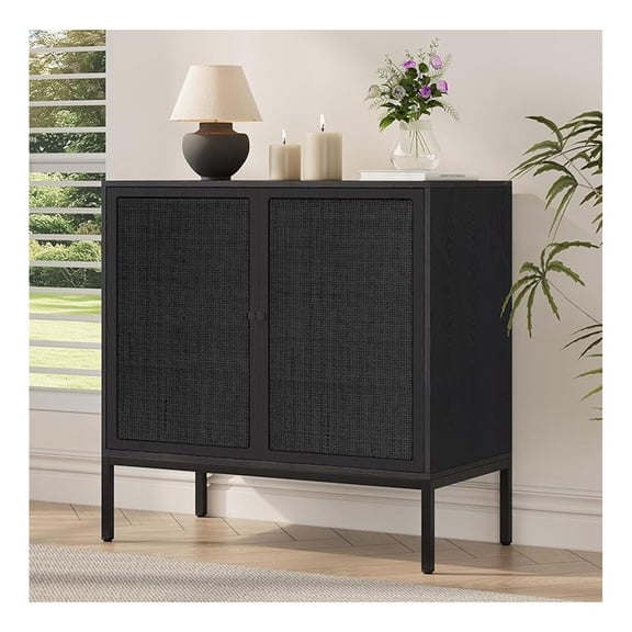 Full Black Rattan Cabinet, Farmhouse Sideboard Cabinet with Natural Rattan Decorated Doors, Accent Cane Credenza Buffet Console Storage, for Living Room Entryway Kitchen, Metal Legs