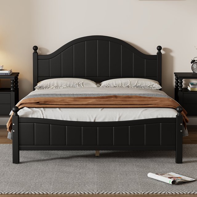Full Black Solid Wood Platform Bed in Traditional Concise Style with No