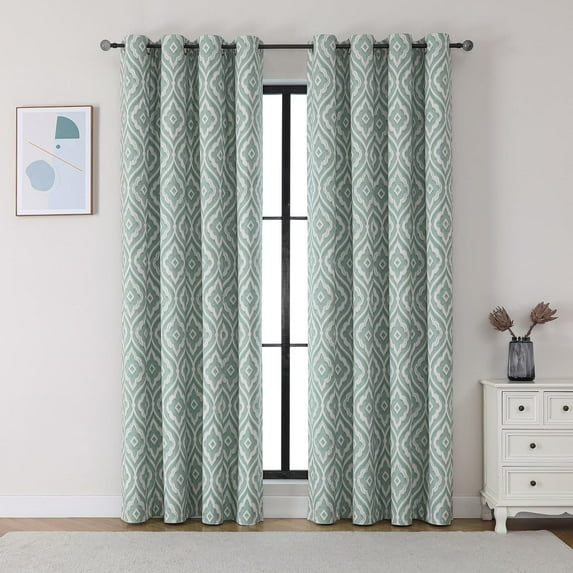 Full Blackout Curtains , Grommet Top Window Treatment Drapes with Diamond Floral Pattern Green 53"W x 84"L (Pack of 2)