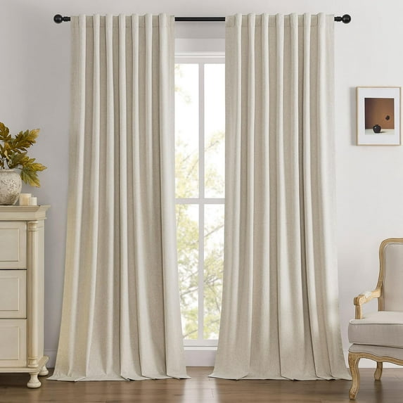 Full Blackout Linen Curtains 108 Inch Long Natural Thermal Insulated Drape Back Tab Drapes Room Darkening Noise Reducing Black Out Curtain for Bedroom 2 Panels Set W50
