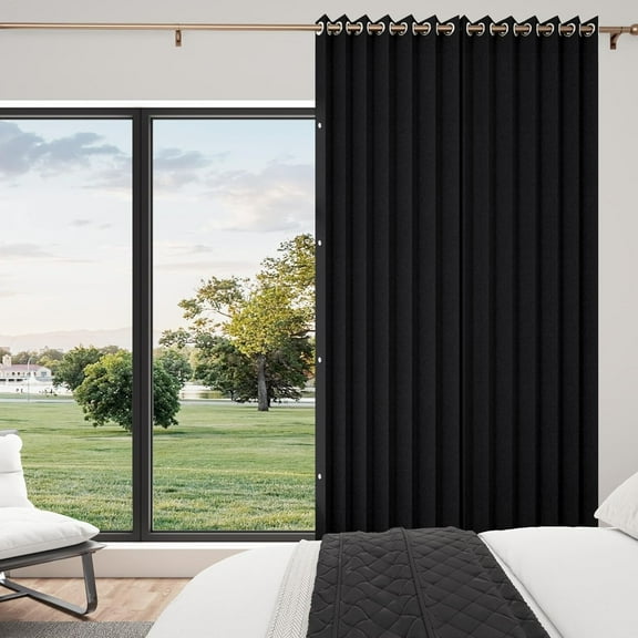 Full Blackout Memory Trained Pleated Curtains with Magnetic Closure, Faux Linen, for Patio Door, Theater, 1 Panel, Black, 45x96 Inches
