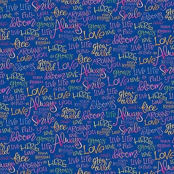 Full Bloom Floral Dark Blue Writing by P and B Textiles Cotton Fabric BTY