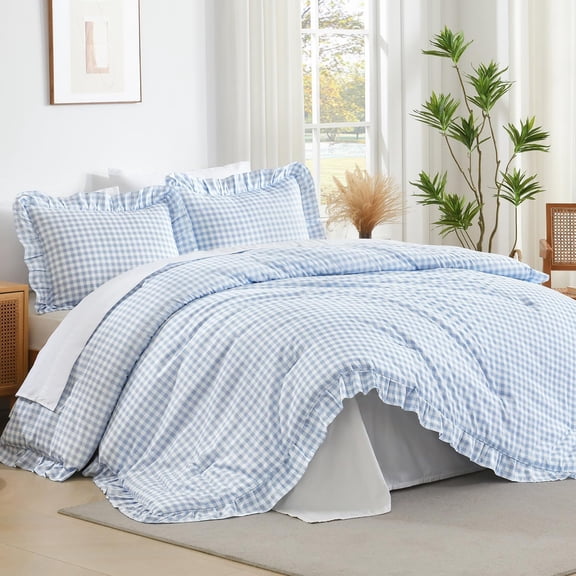 Full Blue Gingham Ruffle Comforter Set, 3-Piece Farmhouse Shabby Chic Vintage Microfiber Bedding