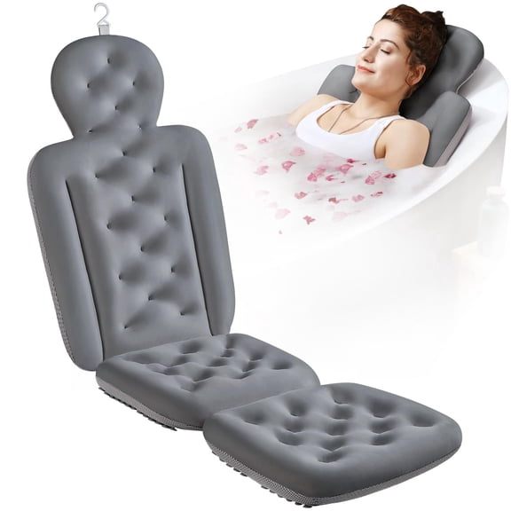 VOXOR Full Body Bath Pillow for Tub, Extra Thick Non-Slip Spa Cushion with Laundry Bag, Neck and Back Support, 51" x 16", Gray