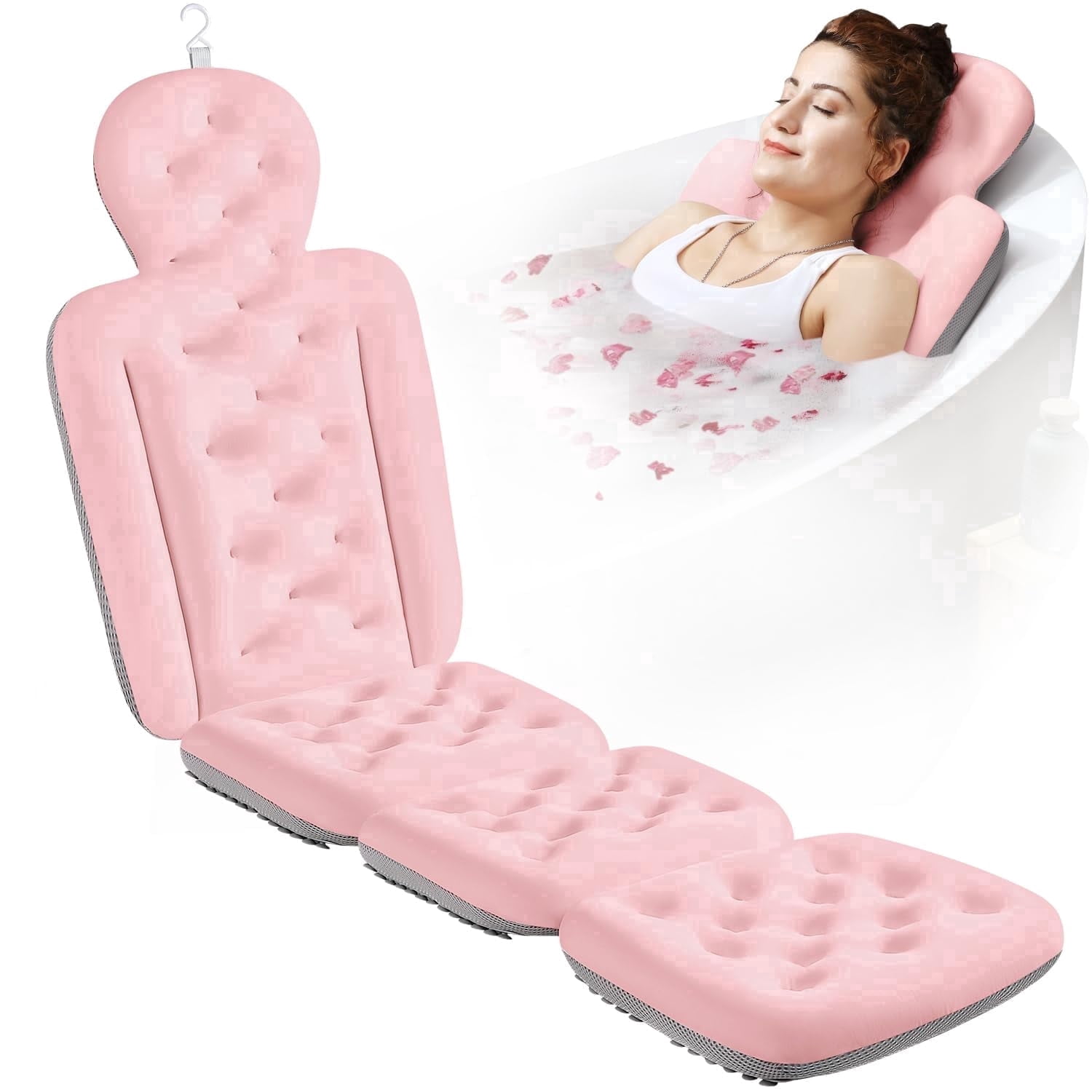 VOXOR Full Body Bath Pillow, Non-Slip Tub Cushion for Neck & Back, Pink