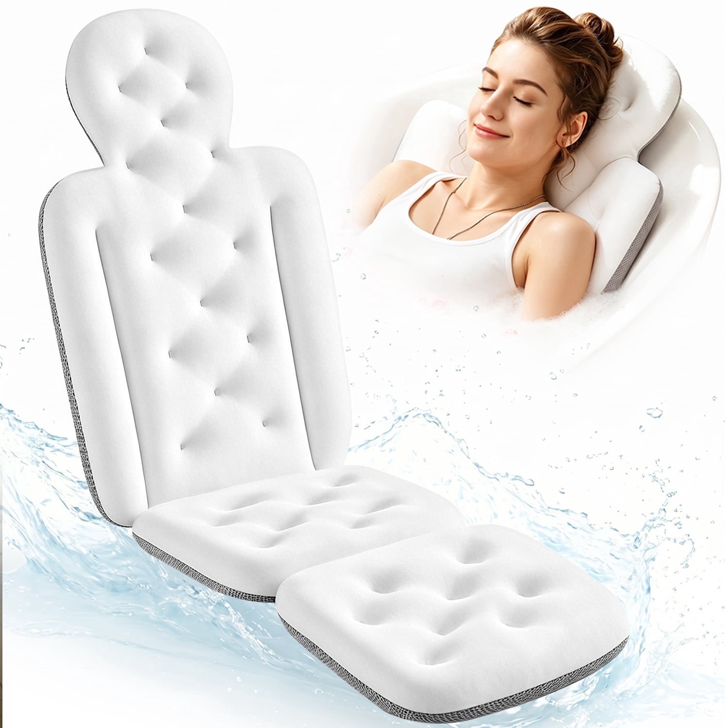 VOXOR Full Body Bath Pillow, 50"x15" x 2" Thick Bathtub Cushion with Suction Cups for Head, Neck & Back Support Pearl White