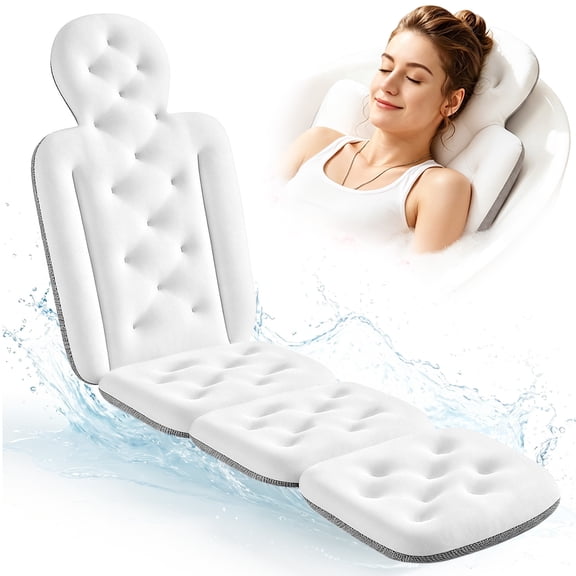 VOXOR Full Body Bath Pillow, 58"x15" x 2" Thick Bathtub Cushion with Suction Cups for Head, Neck & Back Support Pearl White