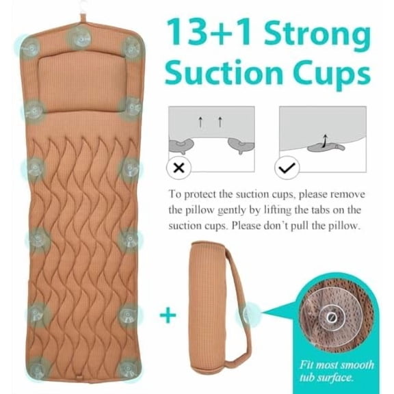 Full Body Bath Pillow with Adjustable Lumbar Roll Pillow Bathtub Cushion with 14 Suction Cups 3D Air Mesh Fit Any Tub Gray Bathroom Accessories Brown