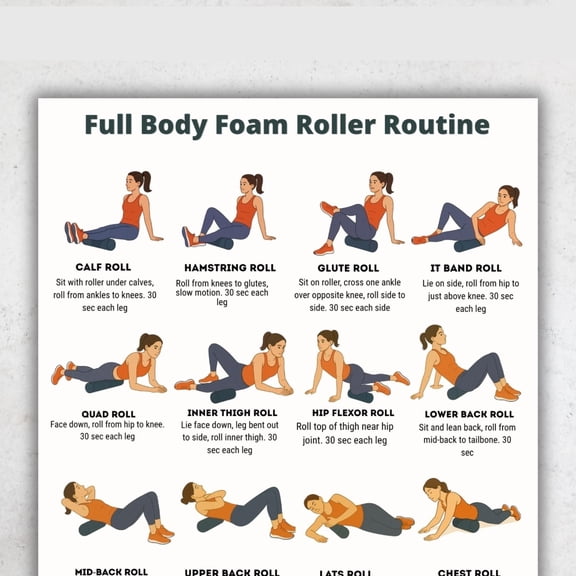 Full Body Foam Roller Routine Poster 16 Exercise Pictures Stretching And Fitness, Family Gym Mural Poster poster