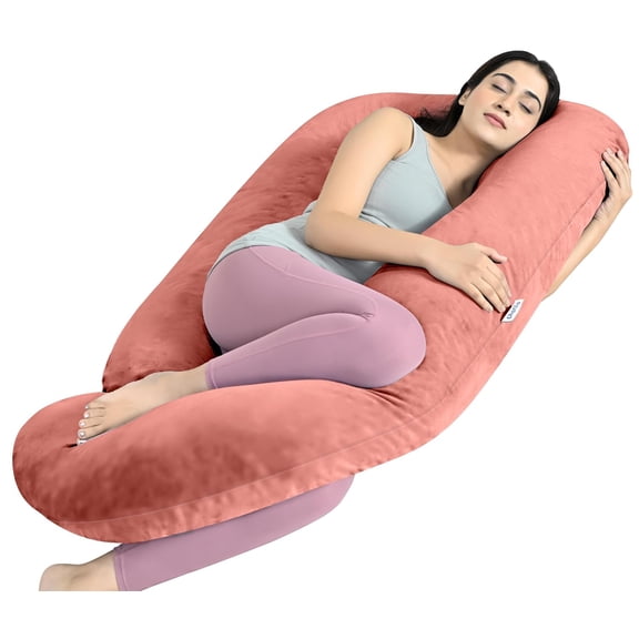 Full Body G Shape Pregnancy Pillow For Pregnant Women & Nursing Mom, Peach Color | Single Pillow For Multipurpose Use During Maternity | Premium Velvet Outer Cover With Zip, Adjustable
