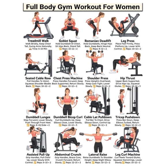 Full Body Gym Workout For Women Poster, Women's Gym Exercise Chart, Gym Machine & Dumbbell, Female Fitness Weight Lifting Routine poster
