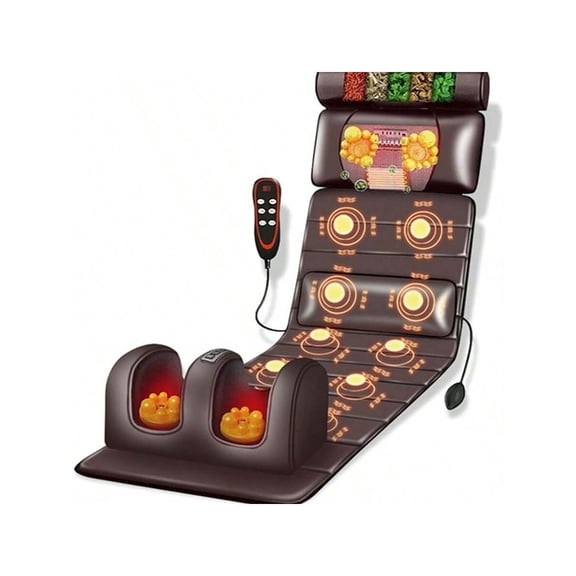 Full Body Massage Mat with Heating, 10 Vibration Massage Nodes & Adjustable Head Pillow, Brown Foldable Design for Back Neck Leg Pain Relief, Remote Control