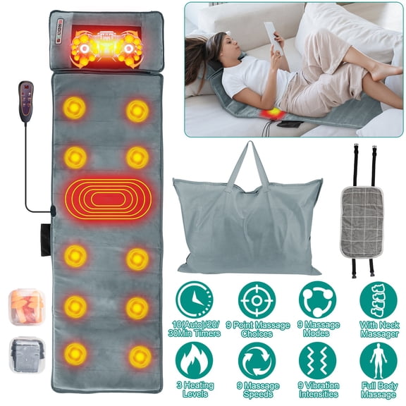 Full Body Massage Mat with Neck Kneading Massager - 10 Targeted Points + 3-Level Lumbar Heating, 9 Vibration Modes/9 Speeds, 20-Node Neck Massage (Heating + 3 Modes), 10-30min Smart Timer