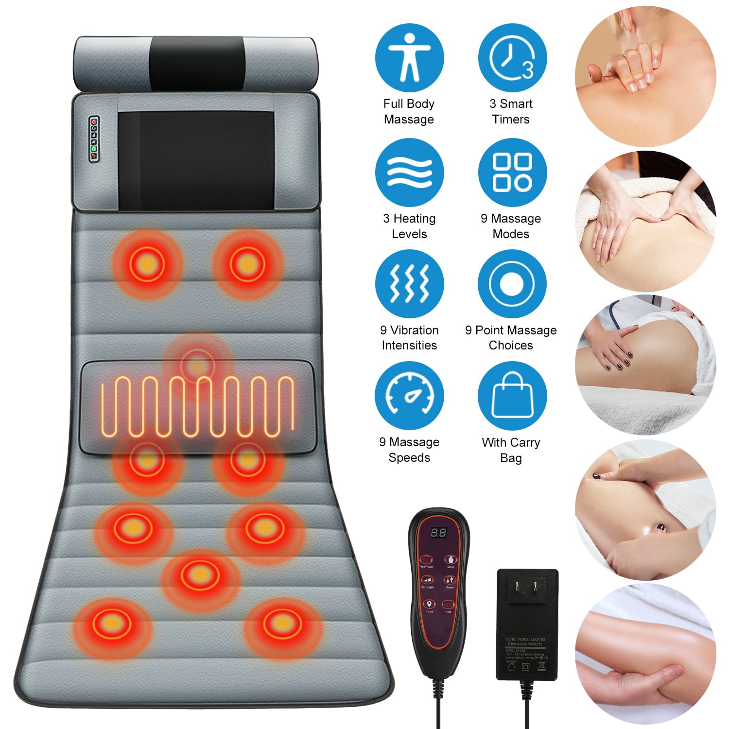 Full Body Massage Mat with Neck Kneading Massager – 10 Vibration Points, 9 Massage Modes, Heating & Inflatable Lumbar Pillow, Portable Home Spa Gift Set, Gray