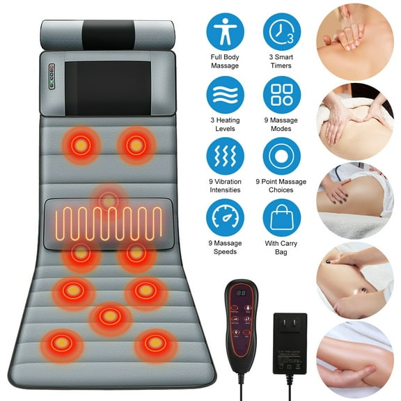 Full Body Massage Mat with Neck Kneading Massager  10 Vibration Points, 9 Massage Modes, Heating & Inflatable Lumbar Pillow, Portable Home Spa Gift Set, Gray