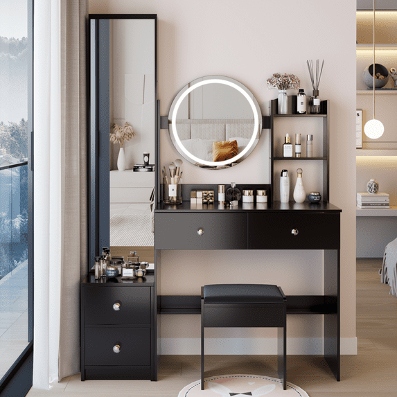 Full Body Mirror Cabinet + Round Mirror LED Vanity Table + Cushioned Stool, 17" diameter LED Mirror, Touch Control, 3-color, Brightness adjustable, Large Desktop, Multi-layer High Capacity Storage