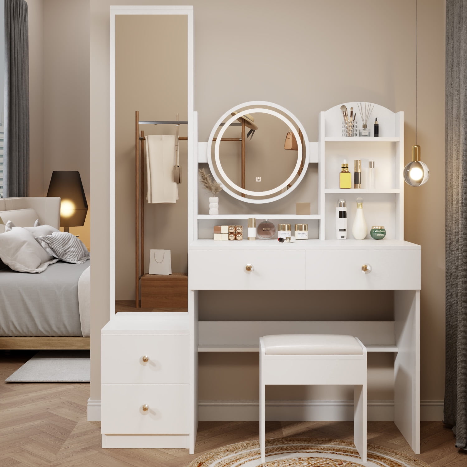 Full Body Mirror + Round Mirror LED Vanity Table + Cushioned