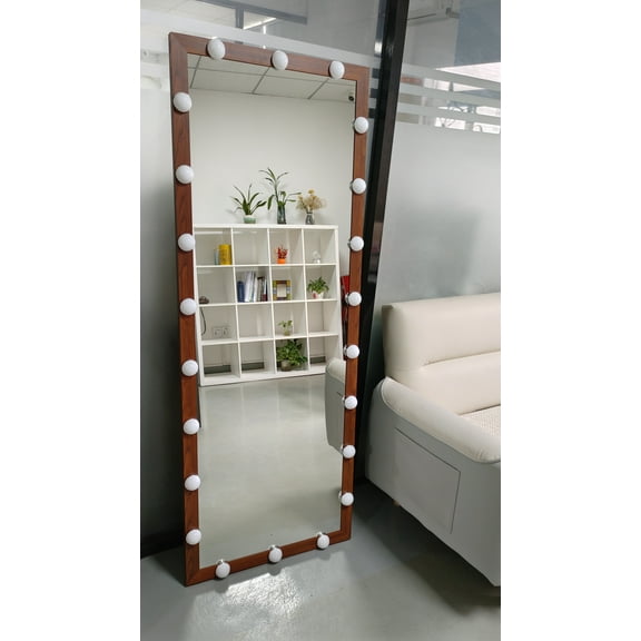 Full Body Mirror Hollywood Full Length Mirror with Lights Full Body Vanity Mirror with 3 Color Modes Wall Lighted Standing Floor Mirror for Dressing Room Bedroom Hotel Touch Control walnut 62.6"x23.