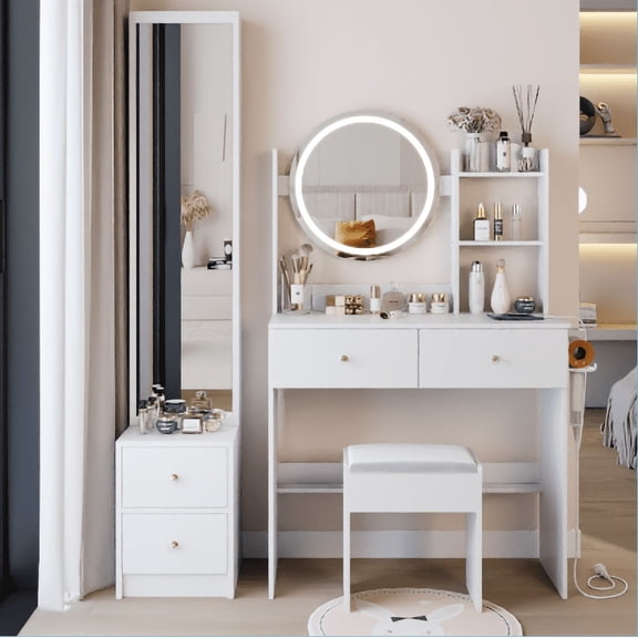 Full Body Mirror & LED Vanity Set with Charging Station, MDF Makeup Combo for Master Bedroom, 3-Color Touch Mirror, Stool & Step-by-Step Assembly Guide, White