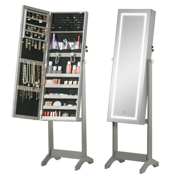 Full Body Mirrored Jewelry Cabinet w/ LED Lights & 5-Tier Storage Shelves, Grey