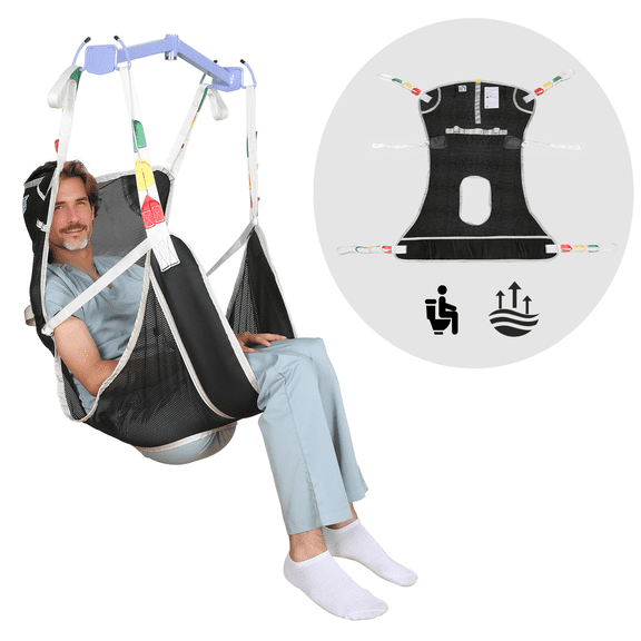 Full Body Patient Lift Sling with Commode Opening, Medical Transfer Sling for Elderly & Disabled, Compatible with Floor & Ceiling Lifts, 500 lb Capacity, Black
