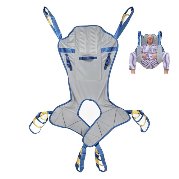 Full Body Patient Lift Sling, Head and Back Support, Toileting Transfer Slings, Split Legs with Commode Opening, 5 Handles, 6 Straps, Lifting Sling Medium Compatible with Various of Lifts